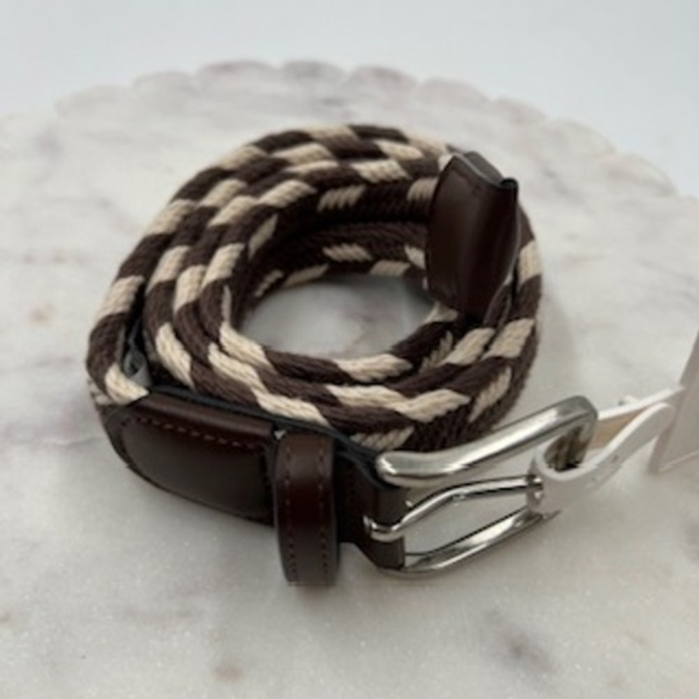 Goodfellow Mens Braided Woven Stretch Belt Brown Cream Medium 32-34 TARB1010 NEW